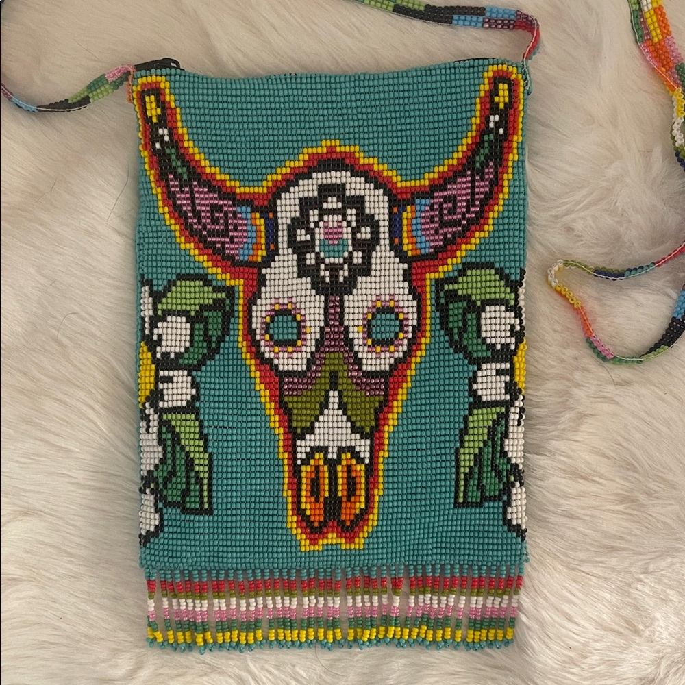 Beaded southwestern bull skull boho turquoise blue crossbody bag NWOT